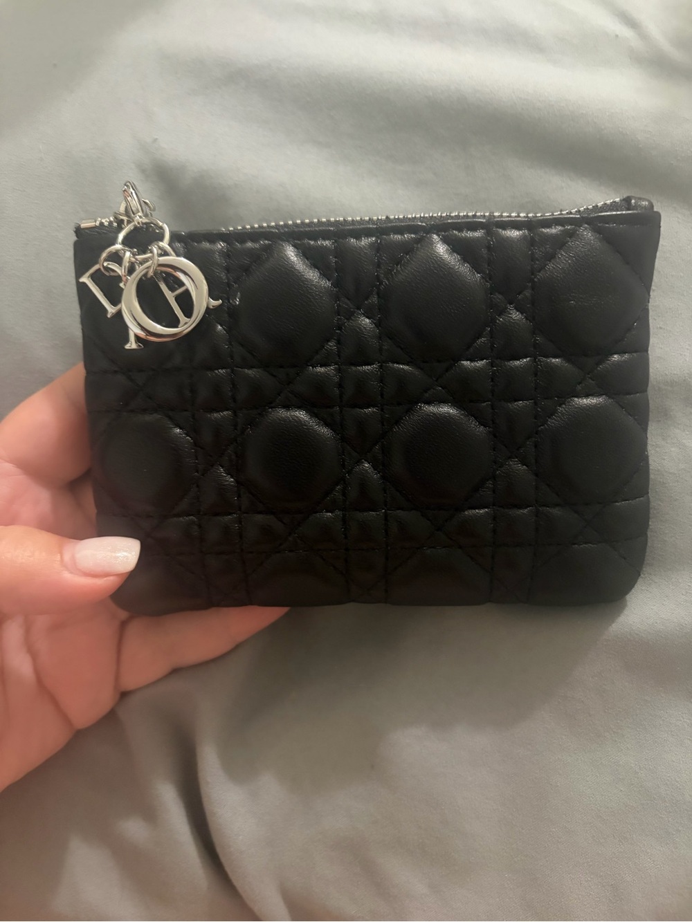 Dior Black Quilted Leather Zip Pouch with Silver Logo Charms